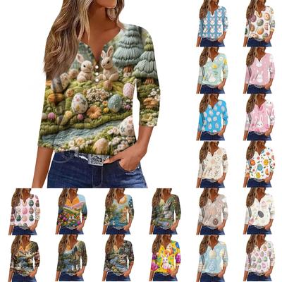 Women's T Shirt Tee Print Button 3/4 Sleeve Daily Weekend Fashion Basic V Neck Regular Top