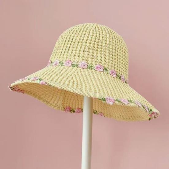 Sun Hat Pastoral Style Hand-Woven Flower Pattern Wide Brim Bucket Hat Vacation Leisure Sun Protection Hat