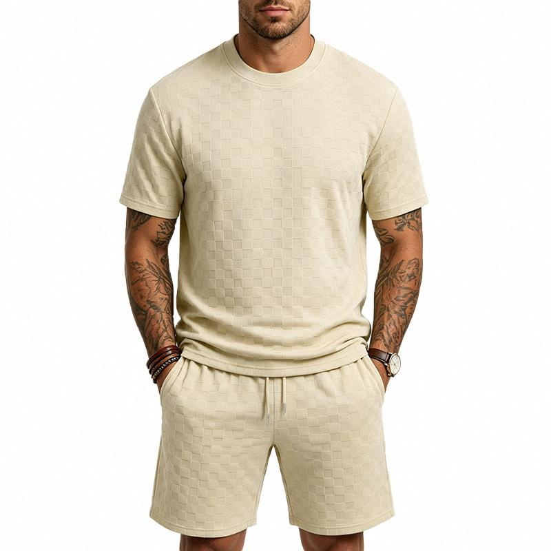 Men S Casual Short Sleeve Round Neck Jacquard Towel Texture Set