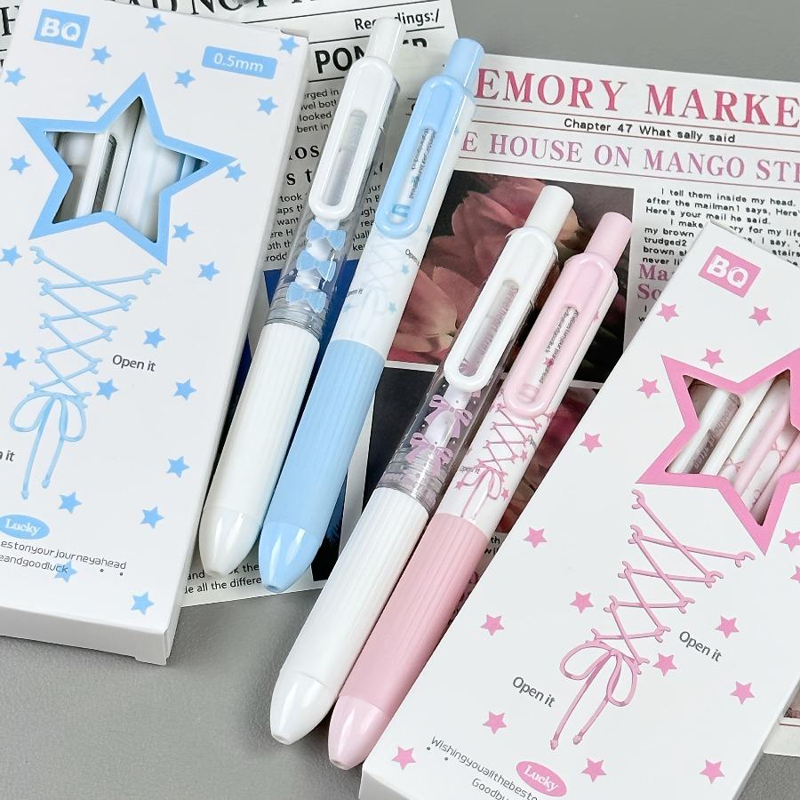 4pcs DIY Cute Gel Pens Set with Ribbon Bow Design, 0.5mm Smooth Writing Pens in Macaron Pink and Blue Colors, Soft Aesthetic Style for Note Taking