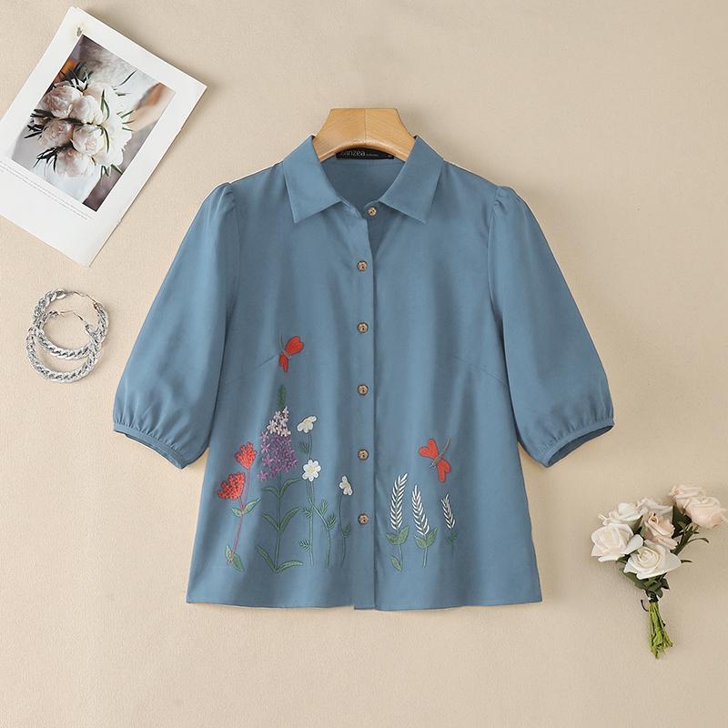 ZANZEA Women Turn Down Collar Casual Floral Print Short Sleeve Blouse