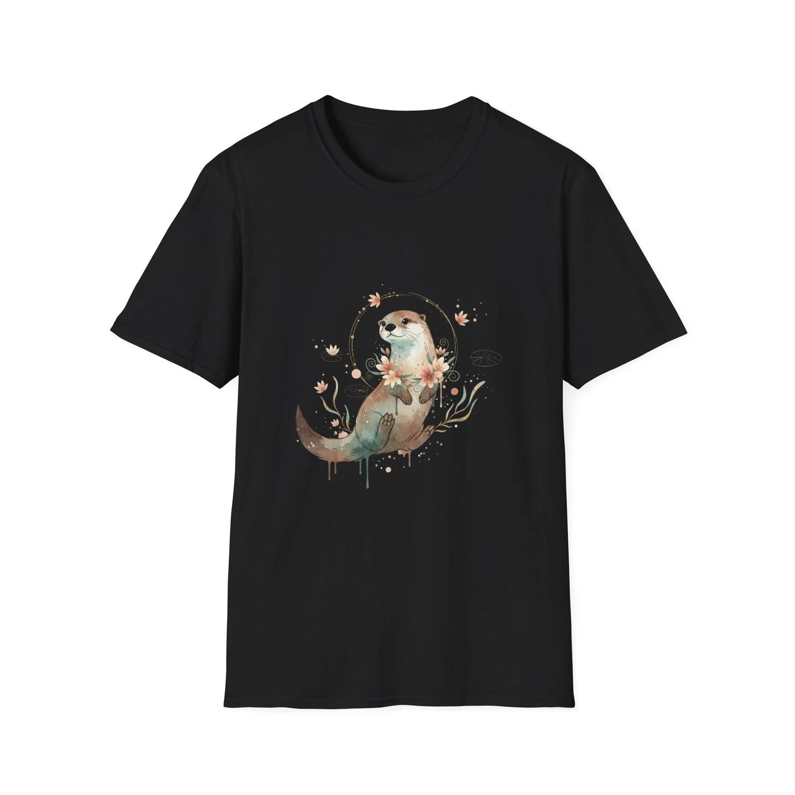 

Otter Floral Watercolor Nature Boho Black Tee Aesthetic Graphic T-Shirt S