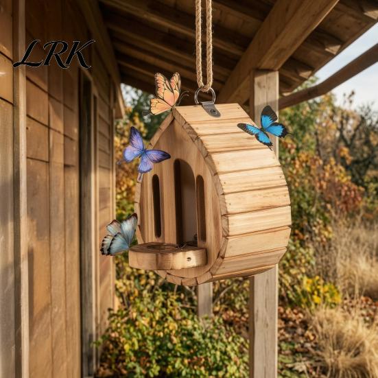Butterfly Habitat Wooden House And Feeder, Outside Hanging Shelter, Wood Feeder Teardrop Shaped for Garden Decoration Pollinator