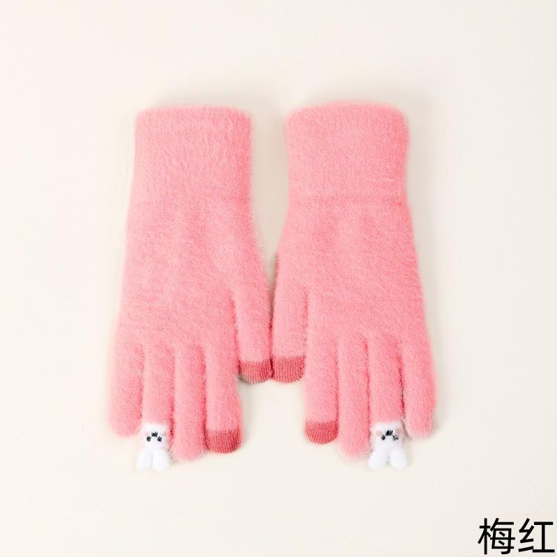 Gloves female autumn and winter fingers cute cold-proof warm knitted velvet cycling gloves five fingers