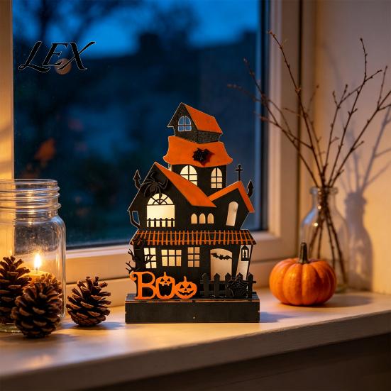 Halloween Wooden Haunted House Decorations Glowing Figurine with LED Light, Tabletop Centerpiece Festive Atmosphere Table Decor for Home Party