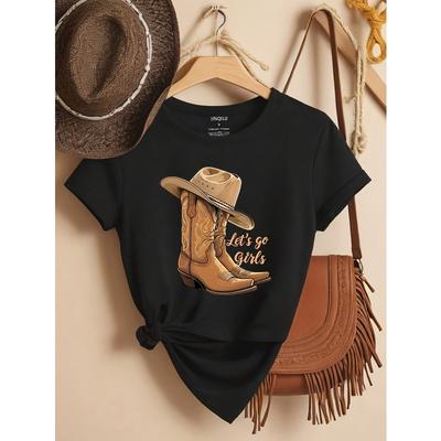 European Size Womens Boots Print Crew Neck T Shirt Casual Short Sleeve Top Spring Summer Wear