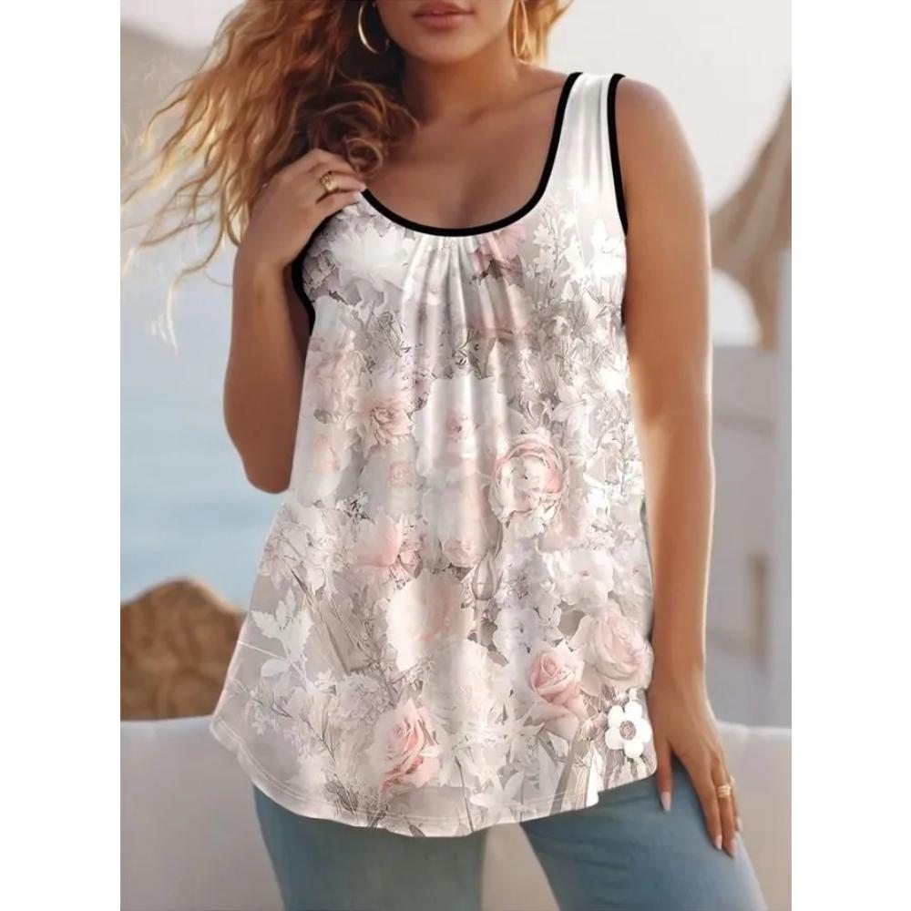 Casual Loose Flower Print T-shirt Fashionable Versatile Women's Top Comfortable Camis Tank Tops