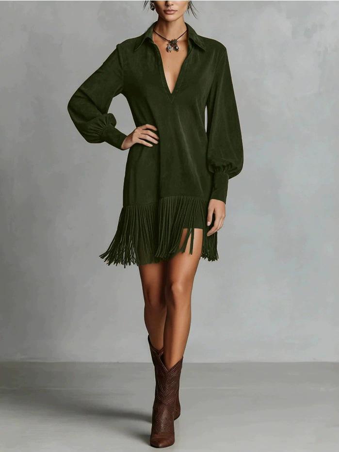 V-neck Faux Deerskin Dress with Fringe Hem and Lapels, Long Sleeve, European & American Style  