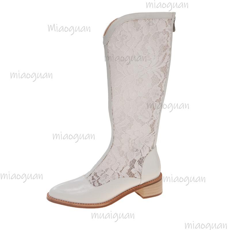 PU Leather Flower Hollow Out Thigh High Boots Breathable Ladies Summer Boots White Black Knee-High Botas Chunky Heeled