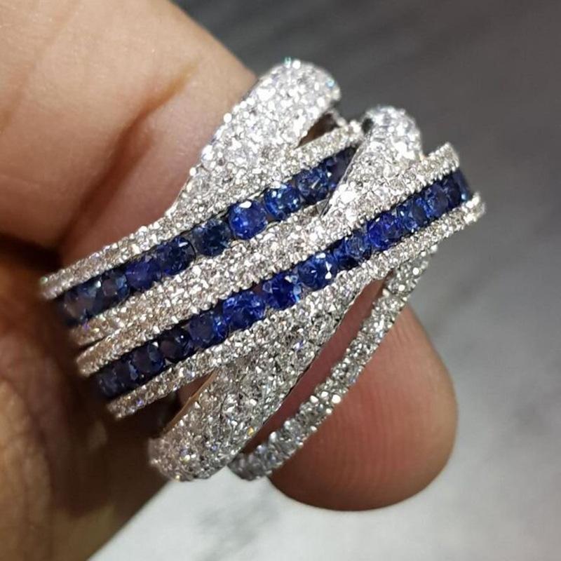 

New European and American Blue and White Zircon Shining Ring, Women s Palace Style Multi Layer Combination Accessory with Lines 6