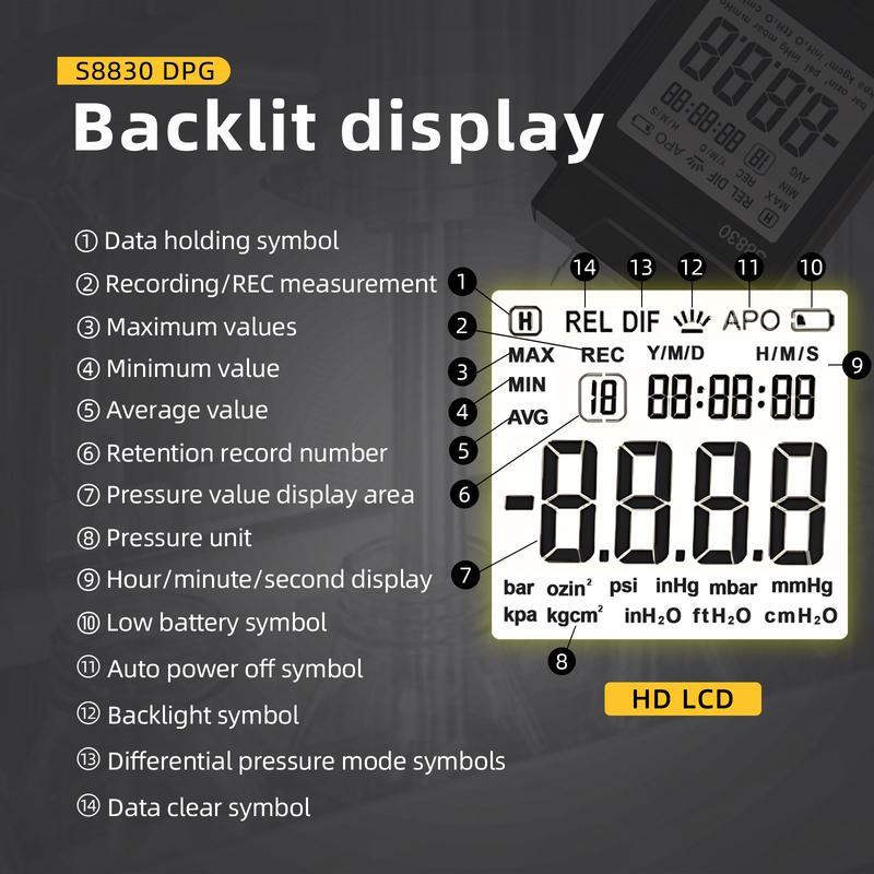 Manômetro Digital T9-S8830 ±36,8 kPa Testador de Pressão HVAC de Porta Dupla 12 Unidades Armazenamento de 99 Dados Luz de Fundo