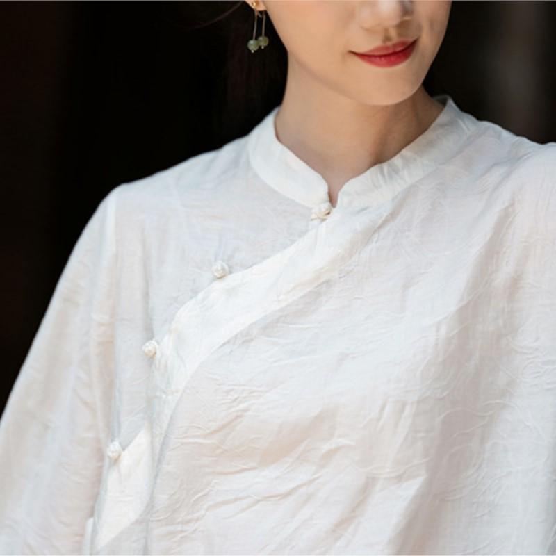 Johnature Vintage Women Shirts Stand Seven Sleeve Blouses Autumn Solid Color Button Chinese Style Shirts
