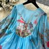 Böhmisches Vintage-Maxikleid für den Sommer, für Damen, O-Ausschnitt, Blumendruck, ausgestellte Ärmel, Chiffon, hohe Taille, lange Kleider