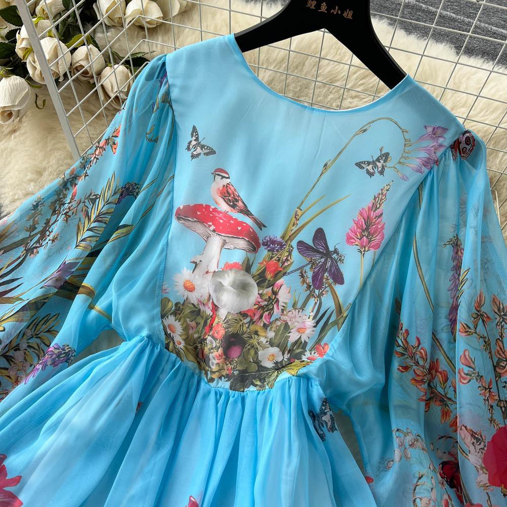 Böhmisches Vintage-Maxikleid für den Sommer, für Damen, O-Ausschnitt, Blumendruck, ausgestellte Ärmel, Chiffon, hohe Taille, lange Kleider