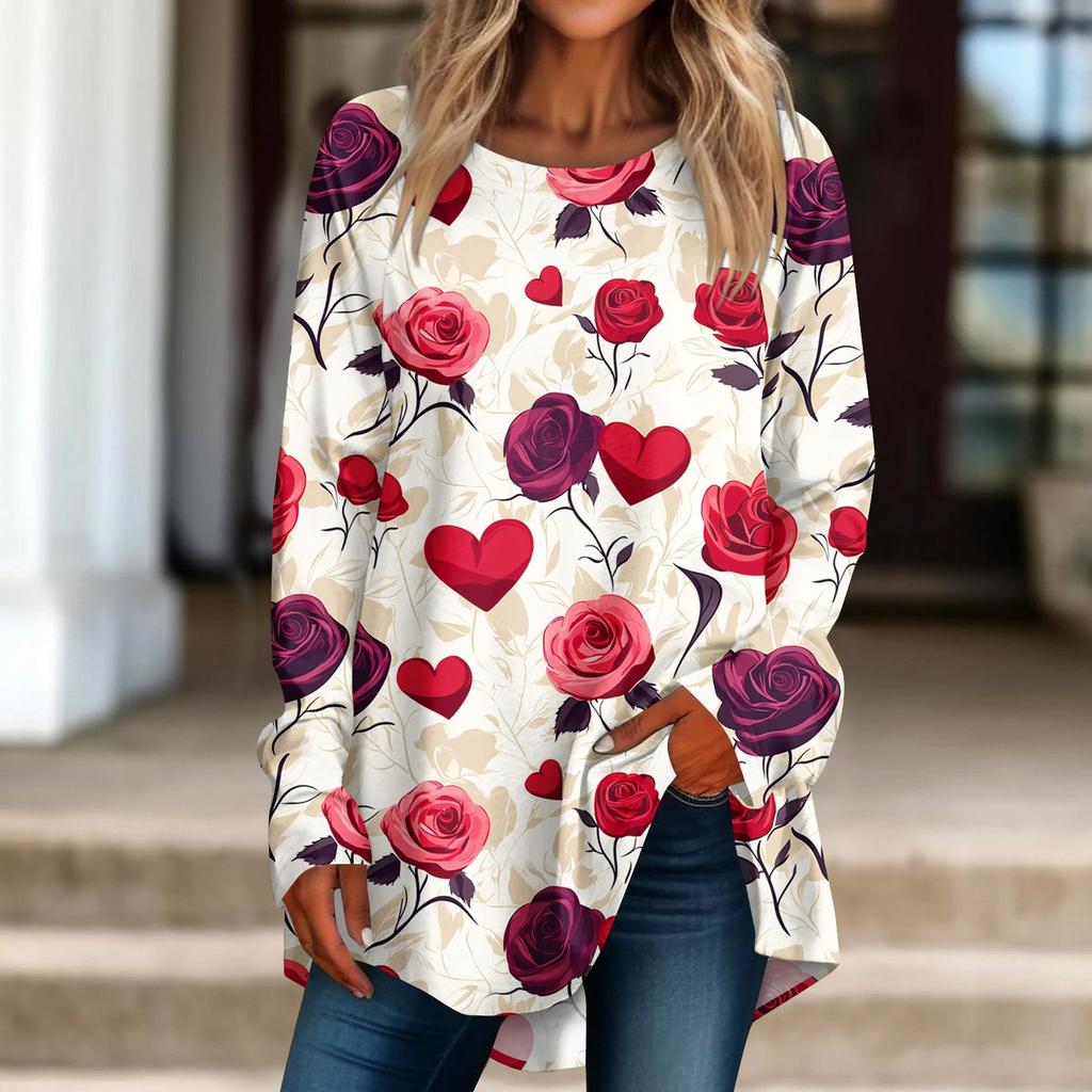 Damen Locker Bedrucktes Rundhals Langarm T-Shirt Top Pullover Langarmtop