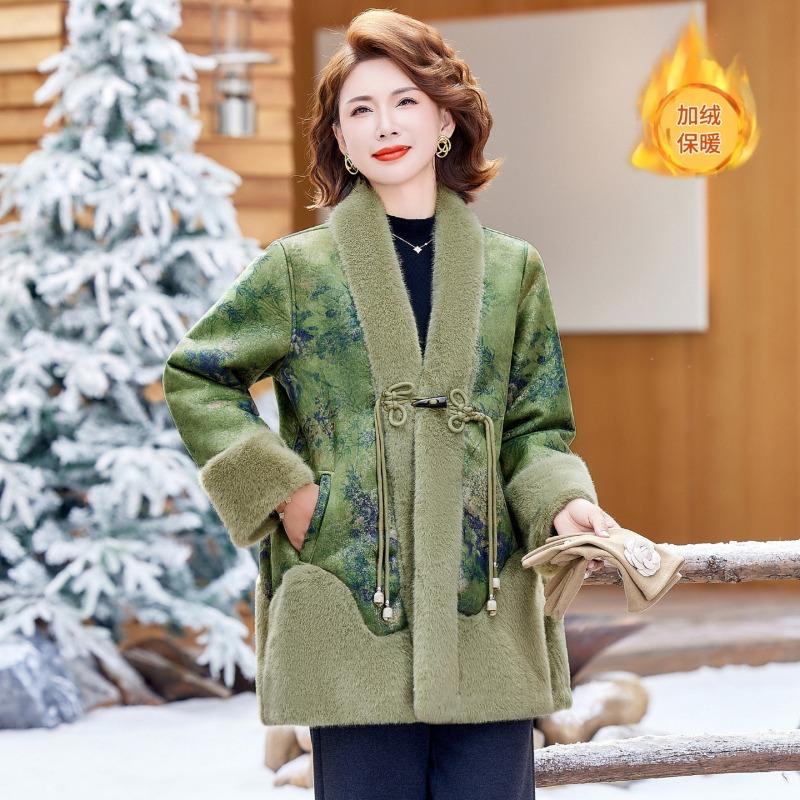 Middle mother fashion warm fur integrated top winter new velvet thickened outer coat women's