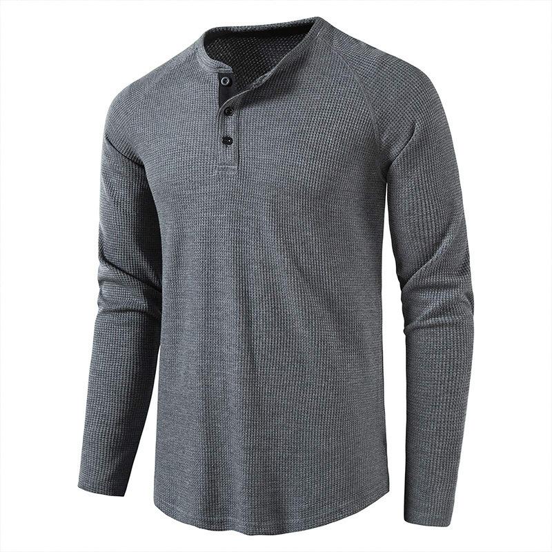 European and American Style Men’s Solid Waffle Henley Shirt Long Sleeve T-shirt Buttoned Round Neck Top
