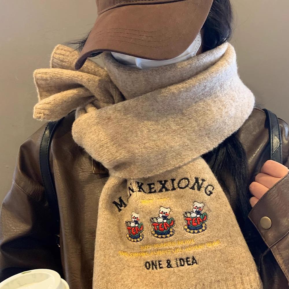 

Cute Bear Embroidered Wool Scarf for Women Winter High End Japanese All Match Warm Wool Knitted Student Scarf