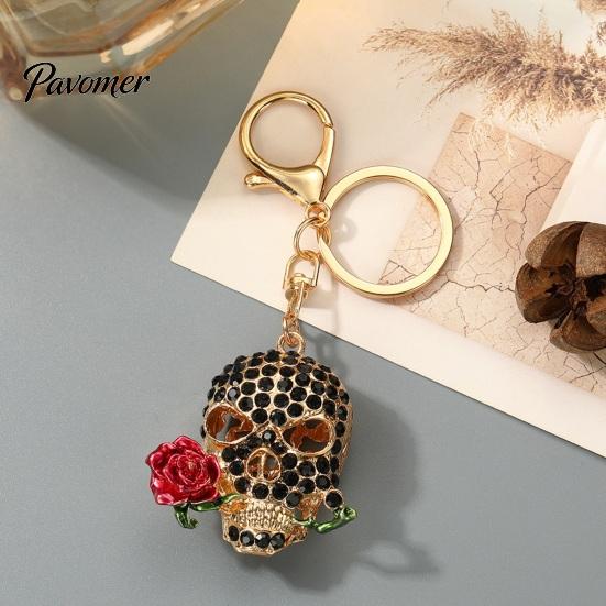 Gothic Skull Keychain Holding Rose Rhinestone for Halloween, Skeleton Bling Head Key Ring, Chain Accessory Handbags Backpacks