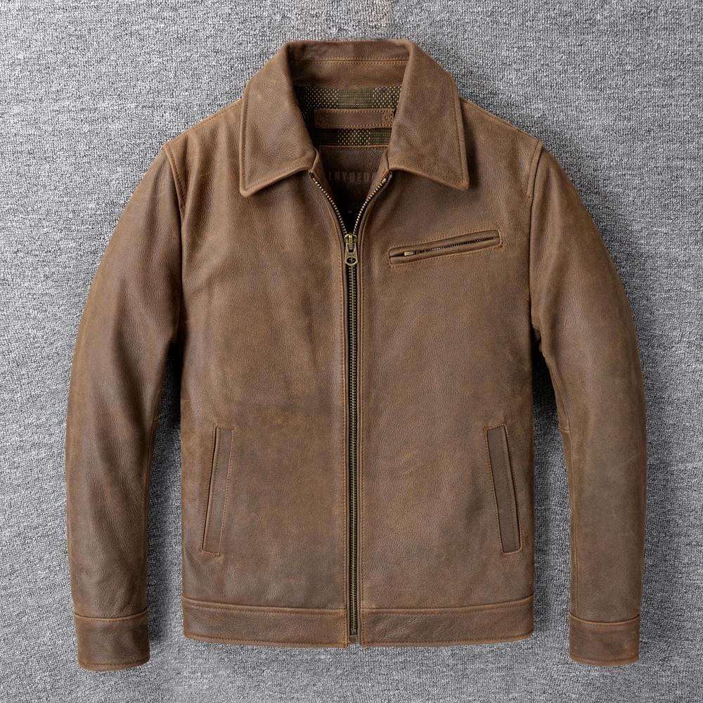 Classic 1930S Style Brown Uncoated Genuine Cow Men Leather Jacket Soft Slim Fit Men's Natural Cowhide Coat Autumn
