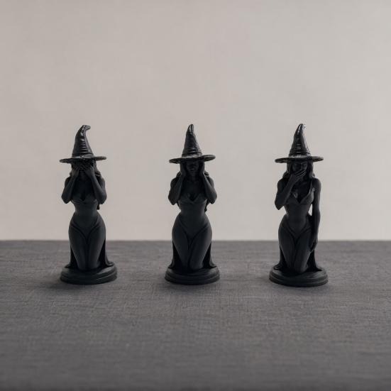 3 Pcs Witch Figurine, 3D Printed Hear See Speak No Evil Witch Statue, Gothic Tabletop Ornament for Halloween Desktop Bookshelf Home Decor
