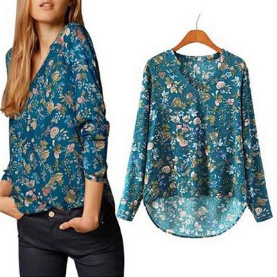 Γυναικείο Casual Μακρυμάνικο V-neck Φλοράλ Εκτύπωση Πουκάμισο Σιφόν Μπλούζα Ασύμμετρο Τοπ