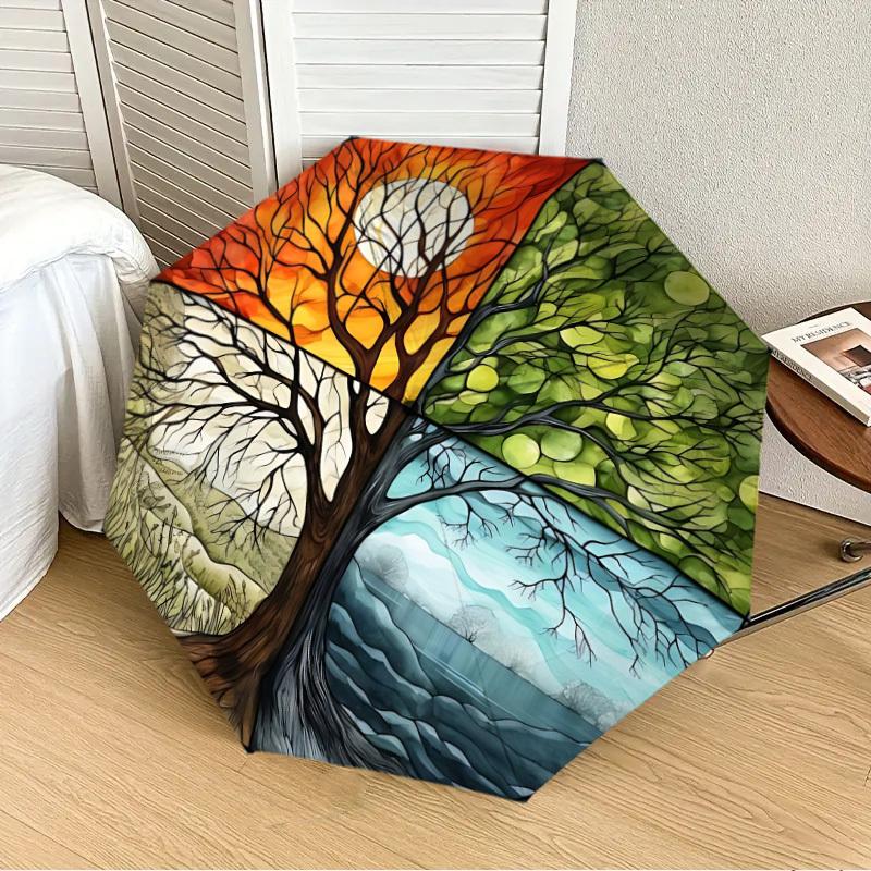 

1PC Seasonal Tree Stained Automatic 8-Bone Folding Umbrella - Durable Polyester & Iron Frame,Userfriendly Operation y250929162