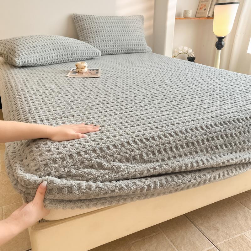 Solid Waffle Texture Fleece Fitted Sheet Autumn Winter Warm Mattress Protector Single Double Size Soft Bed Sheet with Pillowcase