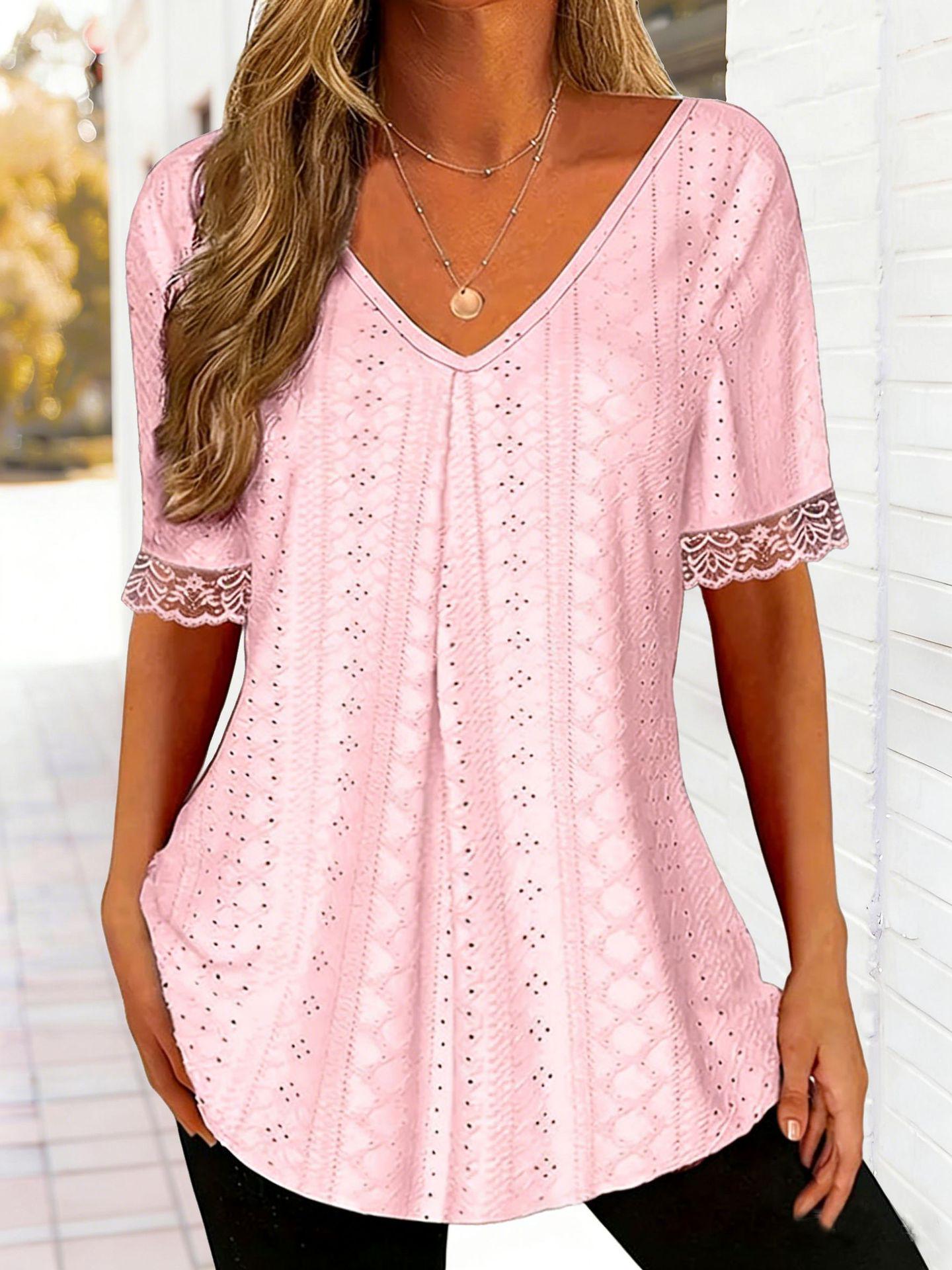 Женская однотонная футболка с V-образным вырезом, свободная, плиссированная, весна/лето 2026 XL розовый