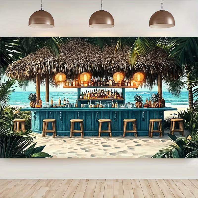 Summer Beach Hut Bar Tapestry, Tropical Ocean View Wall Art Decor