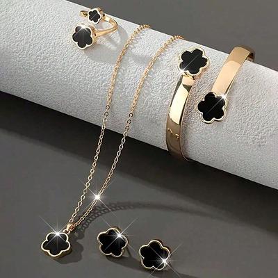 5-teiliges Zirkon-Set Glücksklee Armband, Halskette, Ohrringe, Halskette und Ring Zirkon-Set Geeignet für den täglichen Gebrauch als Geschenk für