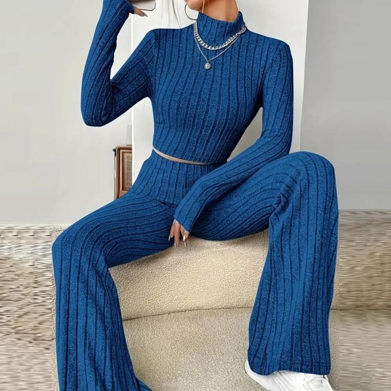 Costume tricoté de style occidental pour femmes, nouveaux pulls noirs fendus coréens, pantalons à jambes larges, ensembles décontractés en deux pièces pour dames