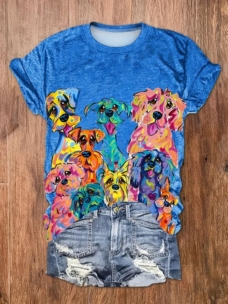Damen Niedliche T-Shirts Rundhals Kurzarm Cartoon Hund Druck T-Shirt Damen Outfits Lässig Tägliche Kleidung