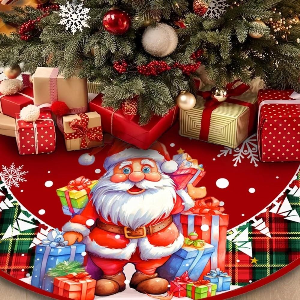 Flannel Xmas Tree Skirt Collar Santa Claus Snowflakes Xmas Decorative Tree Mat