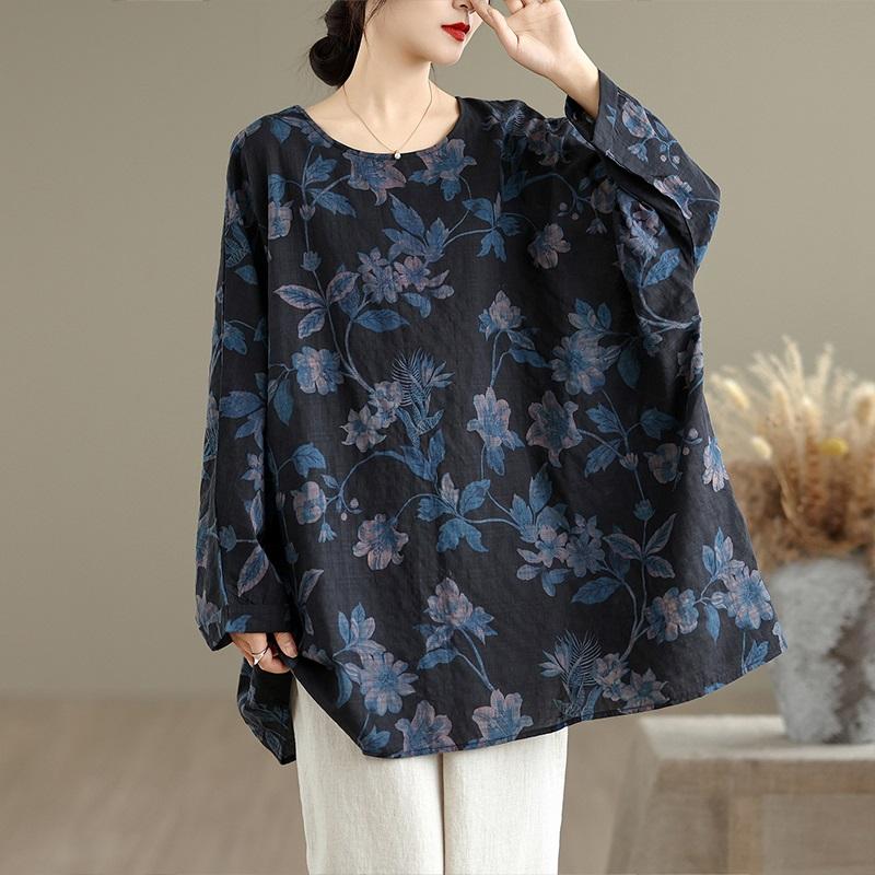 long sleeve Oversized cotton vintage floral Casual loose t shirt tops Women spring autumn t-shirt