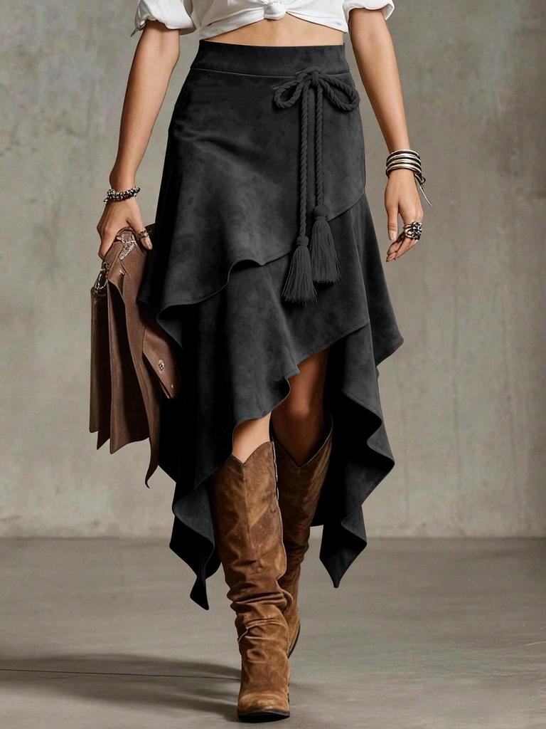 Retro Europäischer Unregelmäßiger Westlicher Wildlederrock, Einfarbig, Kollektion 2026