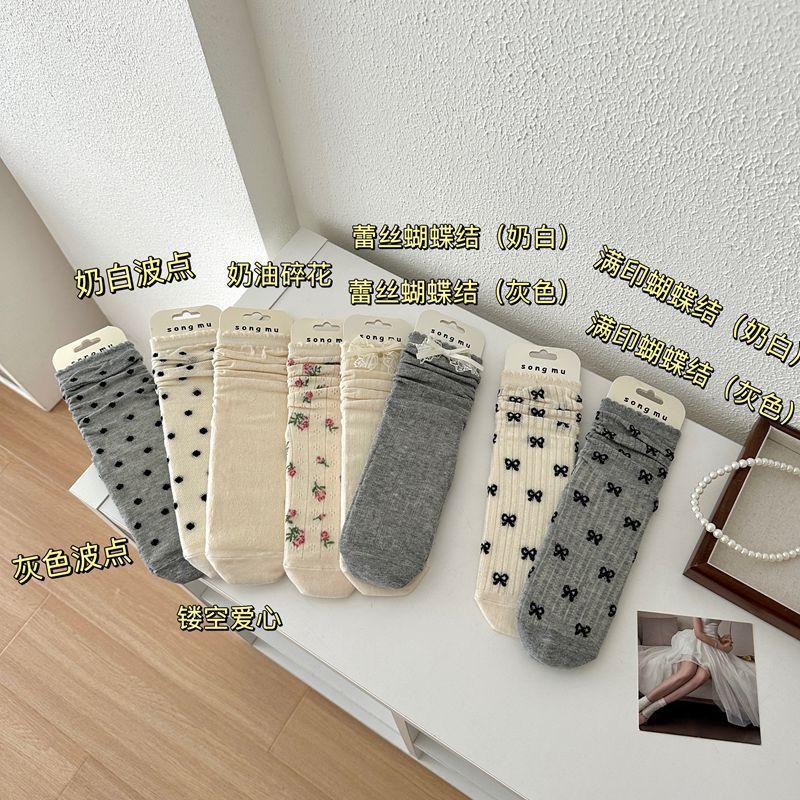 Bm Bow Polka Dot Socks Women'S Mid-Tube Socks Season Thin Girl Socks Lolita Stack Socks All Size Cotton