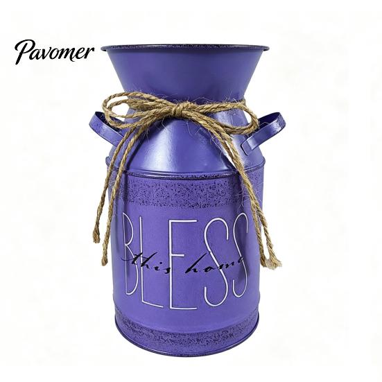 American Pastoral Style Decor Vintage Metal Milk Can Vase, Farmhouse Iron Flower Bucket with Handles & Jute Handmade Hemp Rope Ornament Bow,