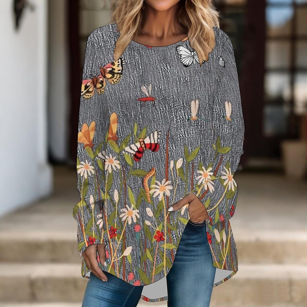 Women Long Sleeve Tunic Top Print Crew Neck Loose Fit Blouse With Pockets Casual Daily Wear Ladies Tops