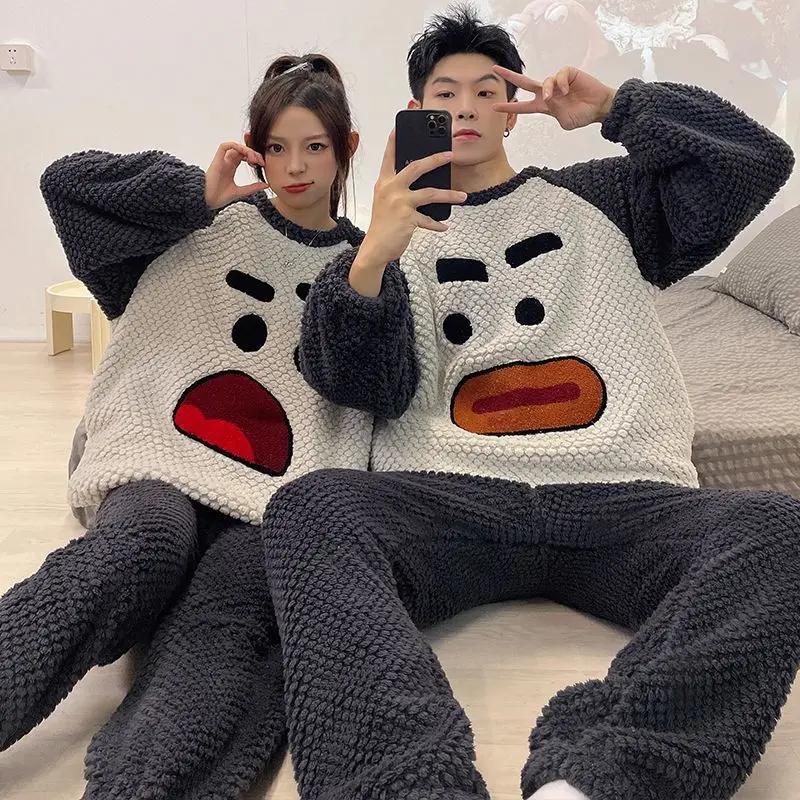 New Coral Velvet Couple Pajamas Women Thickened Autumn Winter Sleepwear Plus Velvet Flannel Men Round Collar Homewear Suit