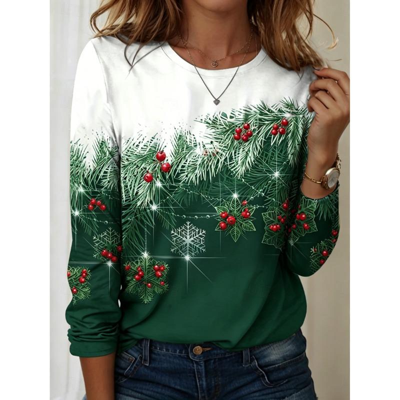 Women's Long Sleeve Crew Neck Christmas Print Casual T-Shirt, Regular Tops for Spring Summer Daily Holiday Party Wear
