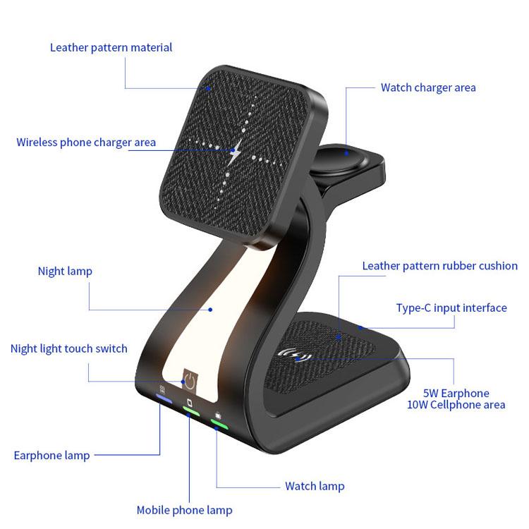 New Release Product 15W Phone Charging Stand 3 in 1 Magnetic Wireless Chargers with Light for Phone for Earphone for Watch Gifts