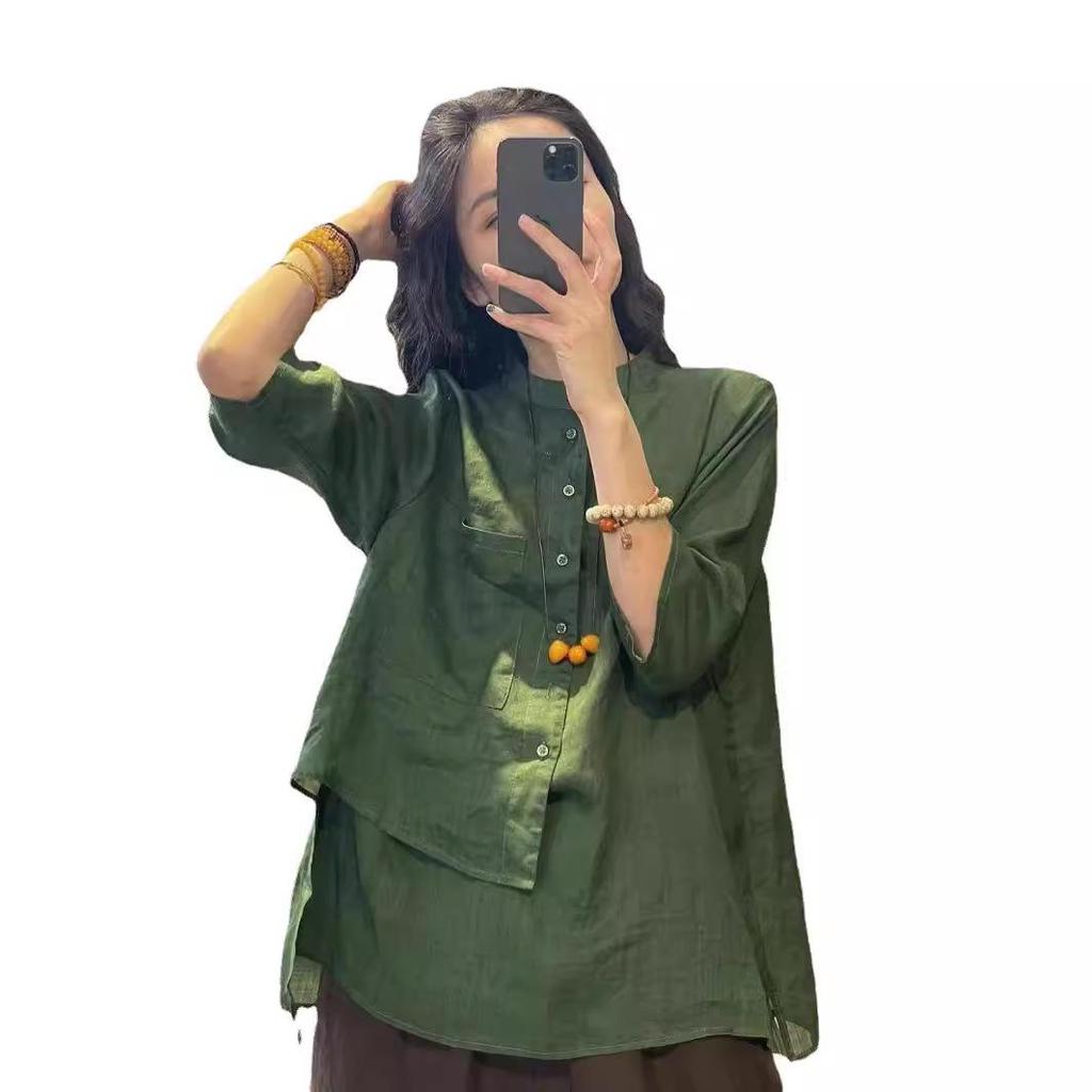 Women's Retro Cotton Linen Irregular Seven-Sleeve Shirt - 2024 Autumn Design, Flattering Loose Fit