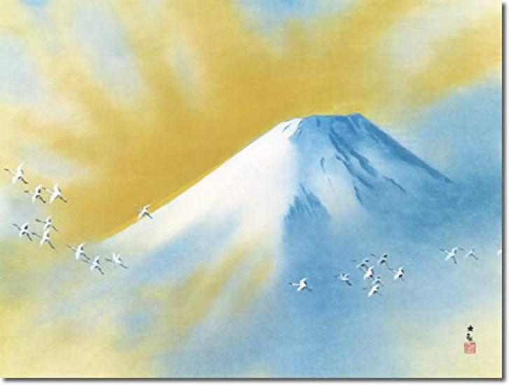 Hanging Scroll by Taikan Yokoyama "Reiho Hikaku" (Sacred Peak and Flying Cranes), Shaku-go Size, Stored In Paulownia Wood Box with Tatami Paper