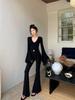 American Retro V-neck Flare Sleeve Spicy Girl T-shirt - Women's Autumn Slimming Black Long Sleeve Top.
