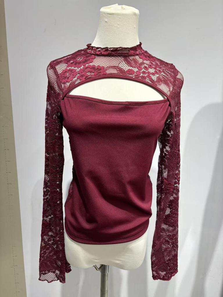 Sexy Lace Panel Long Sleeve T Shirt For Women Summer Streetwear Chic