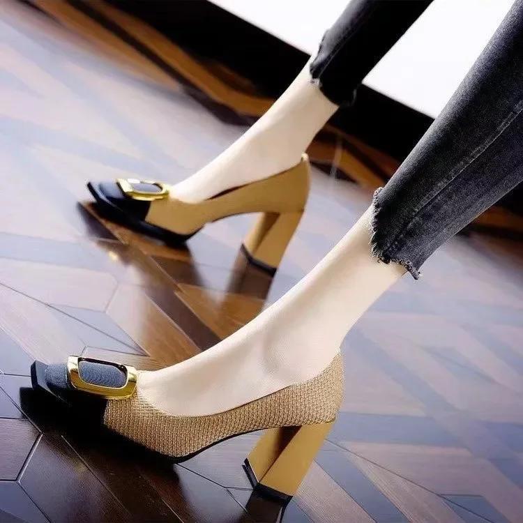 

Новый темперамент Элегантные туфли на высоком каблуке Женская обувь Мода Весна Пряжка Квадратная кожа Универсальные Туфли на толстом каблуке 34-40 35