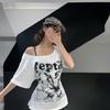 Retro Oversize T-shirt z odkrytymi ramionami i krótkim rękawem z nadrukiem damski casualowy letni motyl