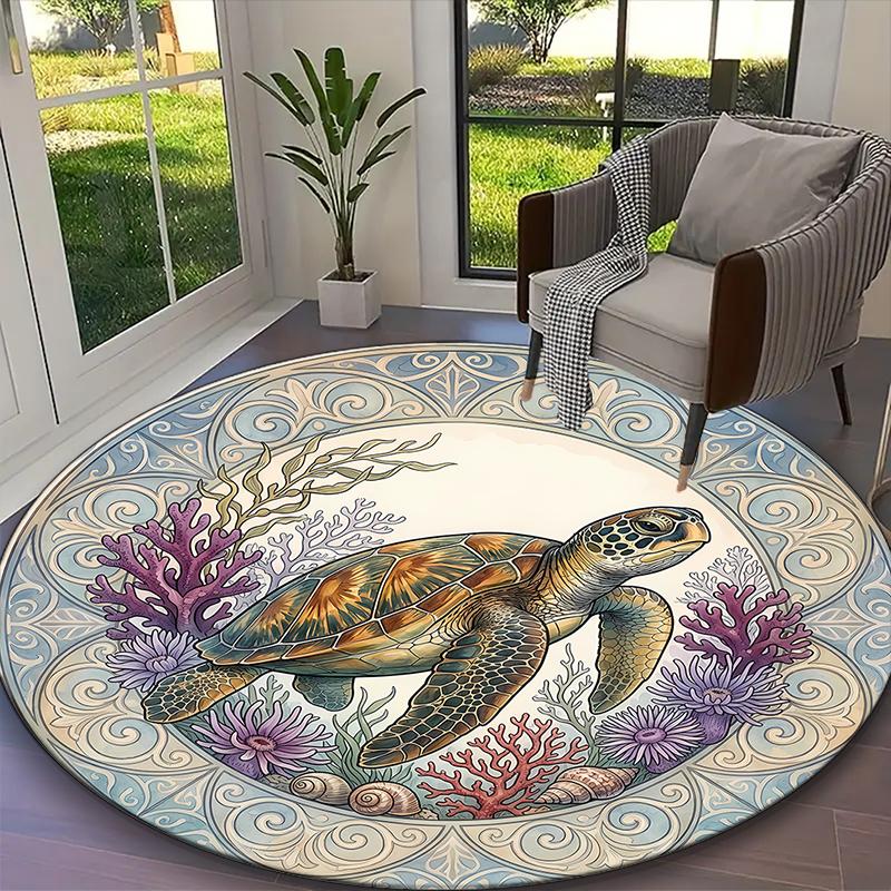 1pc Deep Blue Sea Turtle Carpet for Room Floor Mat, Comfortable Office Chair Printed Round Rug, Beautiful Hotel Rug