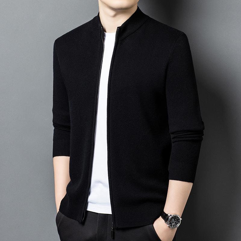 Märkes herrkofta i 100 % ull med dragkedja, avslappnad och mångsidig, tjock varm stickad plagg för unga och medelålders män